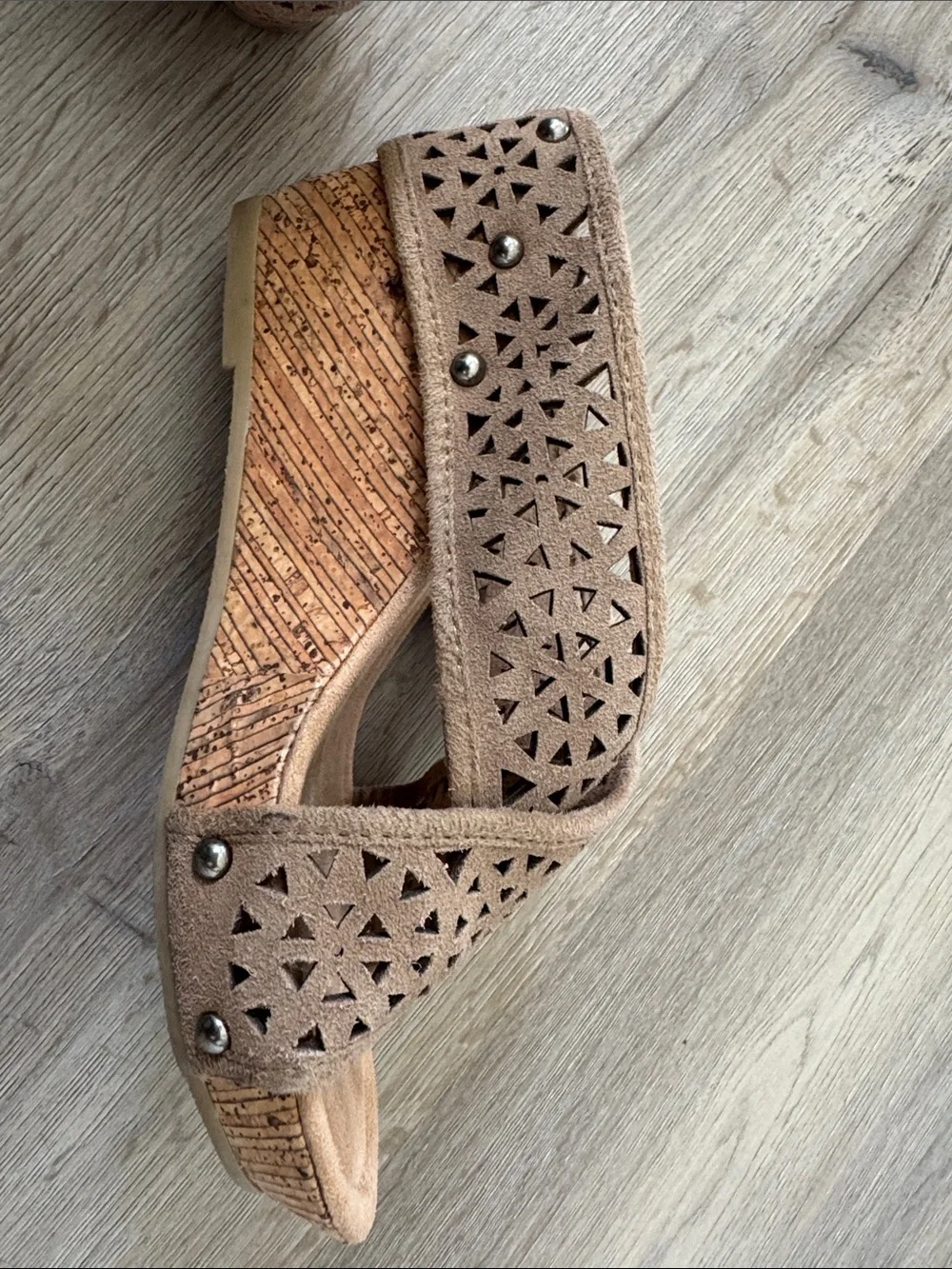 Minnetonka Taupe Suede Laser-Cut Crisscross Slide Sandals